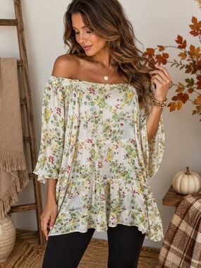 Cactus + Pearl Floral Off Shoulder Boho Tunic Top Bell Sleeve Cottagecore Small